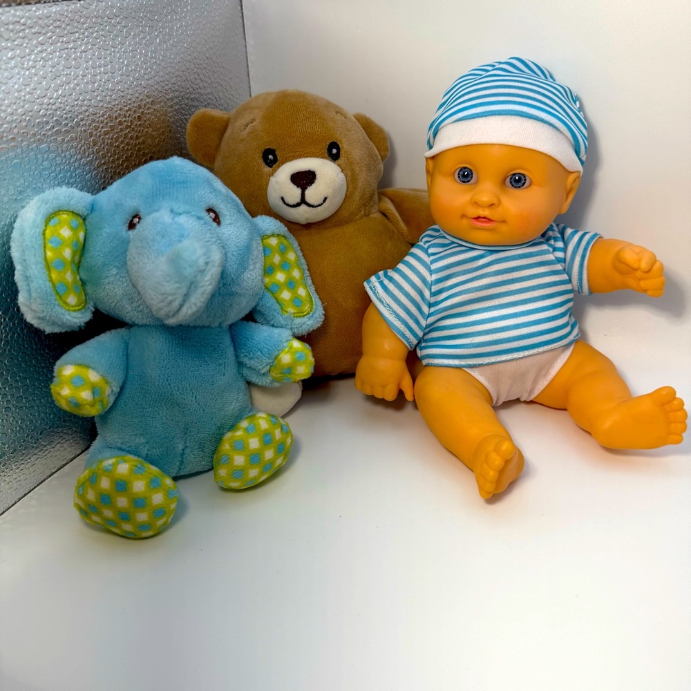 Striped Blue Baby Doll with Elephant and Bear Plush Set